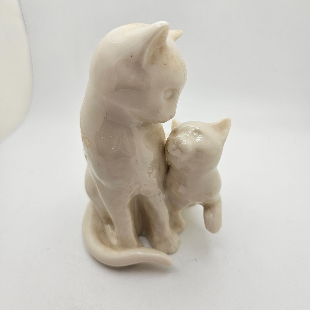 Vintage Mother Cat & Kitten Figurine Cream Glaze Ceramic